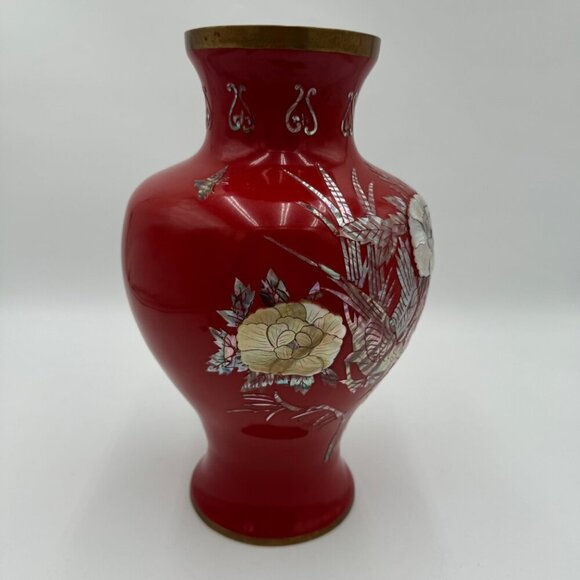 Vntg. Cloisonné Mother of Pearl inlay Red Enamel on Brass VASE 11” tall Large si - Picture 4 of 14